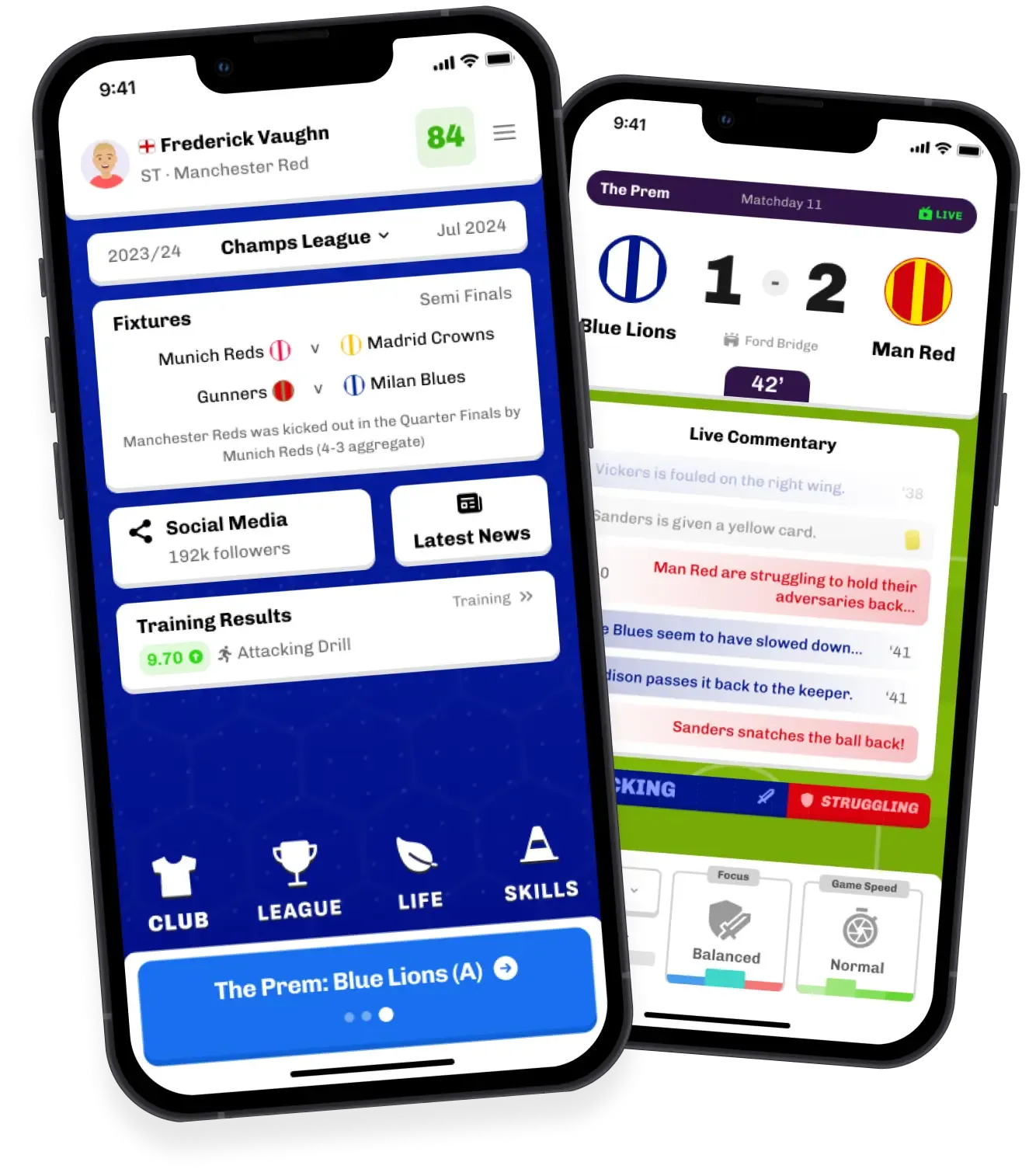 Football Career game interface displayed on multiple mobile phones